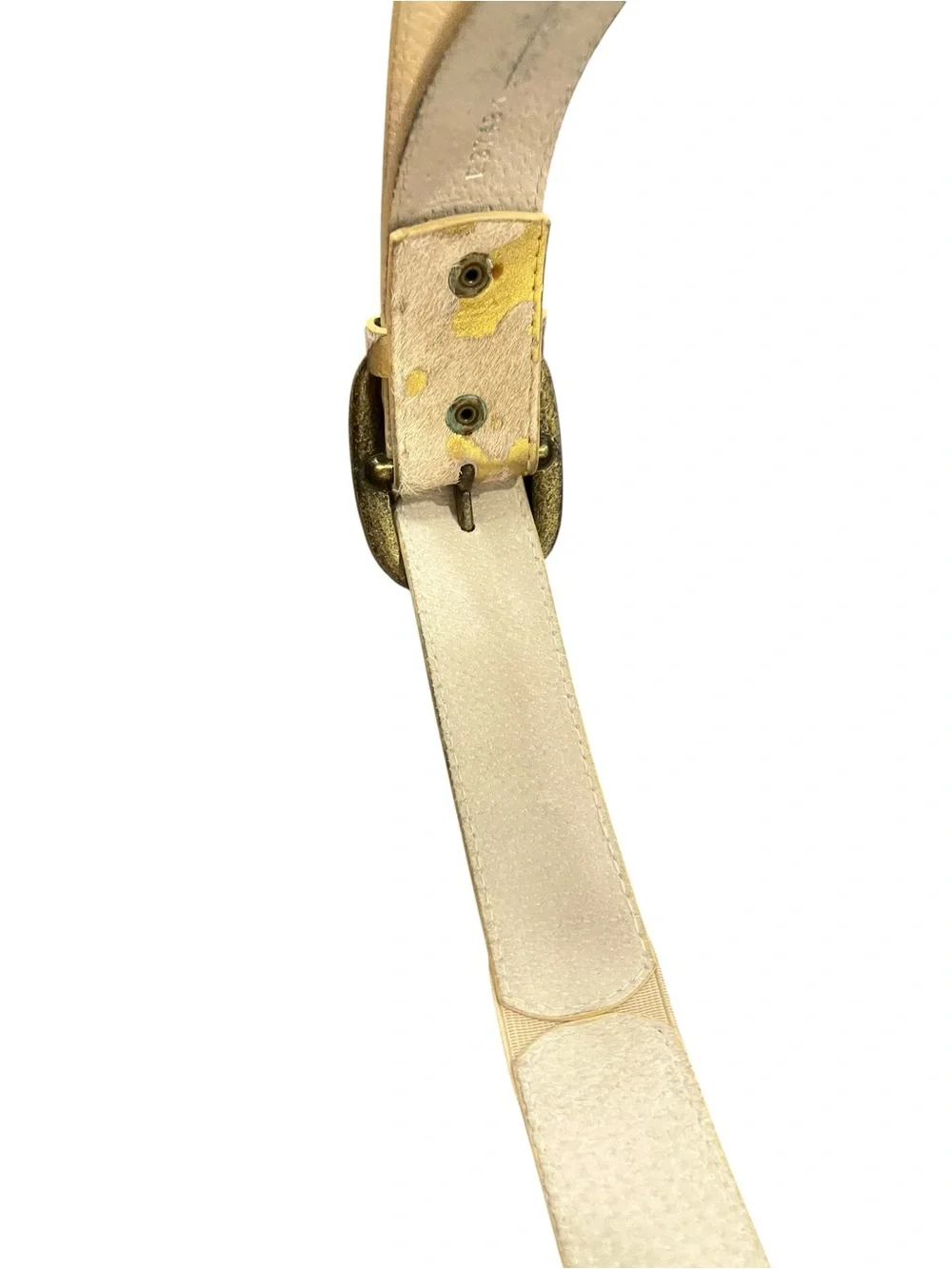Neutral Gold Accent Cowhide Leather Fur Belt with Antiqued Brass Buckle